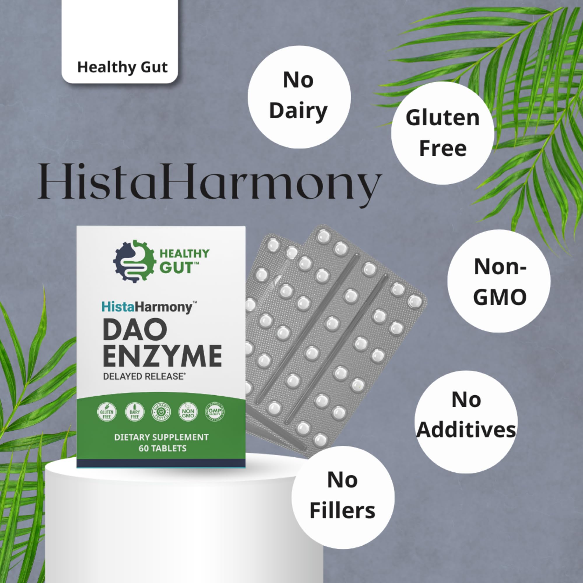 Healthy Gut HistaHarmony bottle emphasizes 30k HDU DAO dosage for histamine metabolism.