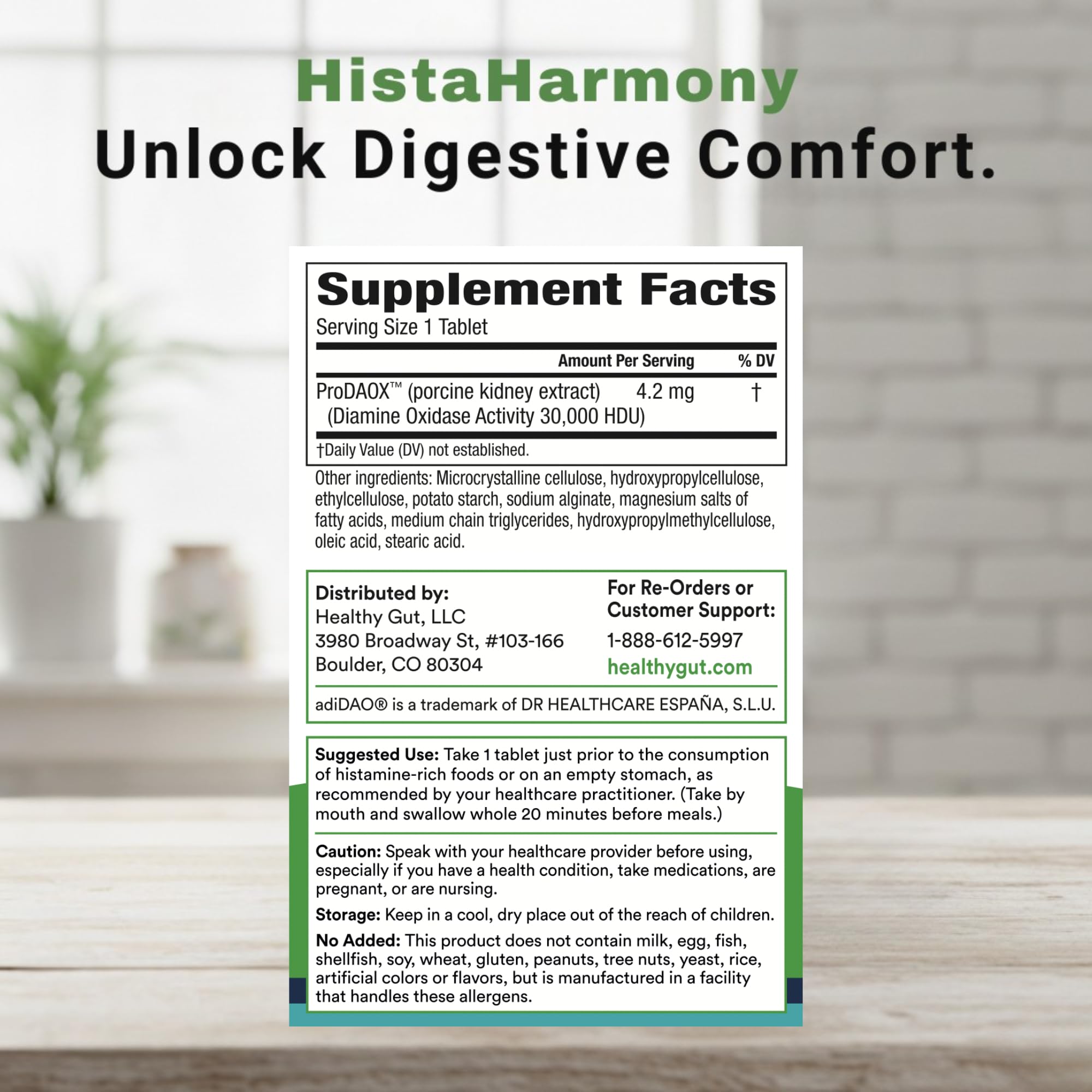 Healthy Gut HistaHarmony enteric-coated tablets shown for gentle digestion.