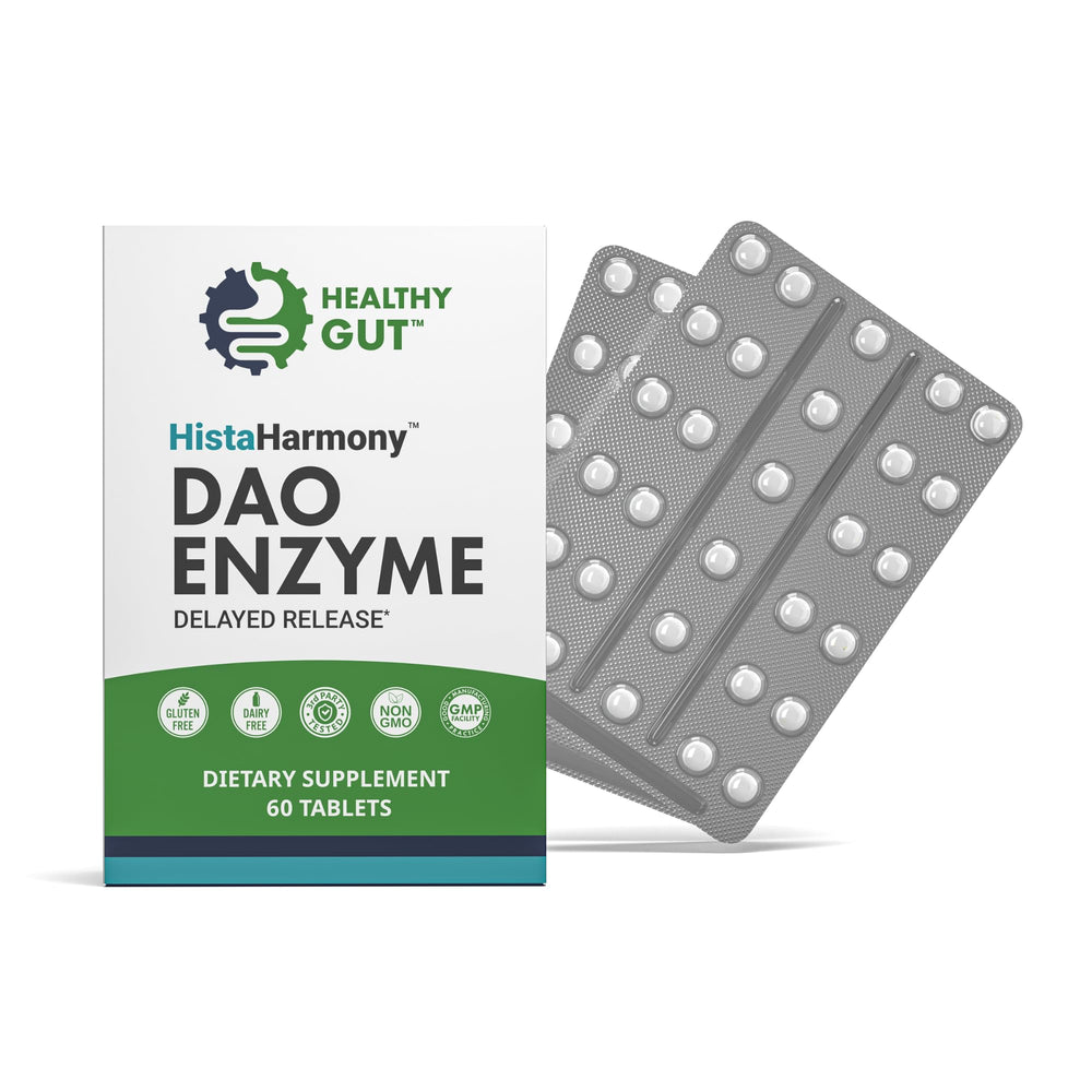 Healthy Gut HistaHarmony bottle label highlighting delayed-release DAO for histamine balance.