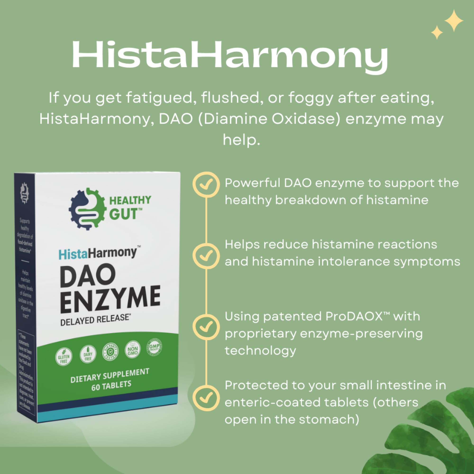 Healthy Gut HistaHarmony ProDAOX technology graphic illustrating enzyme action.
