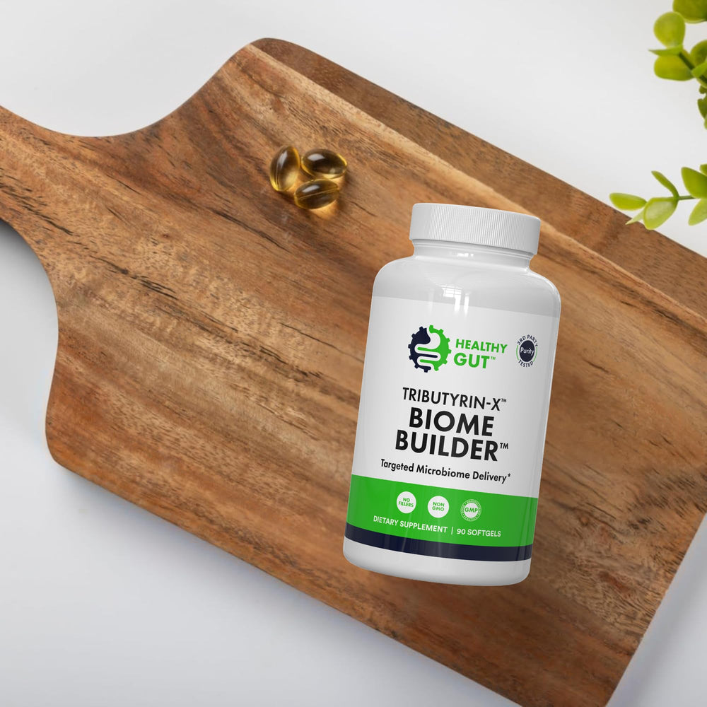 Healthy Gut Tributyrin-X consumer usage scenario with a glass of water.