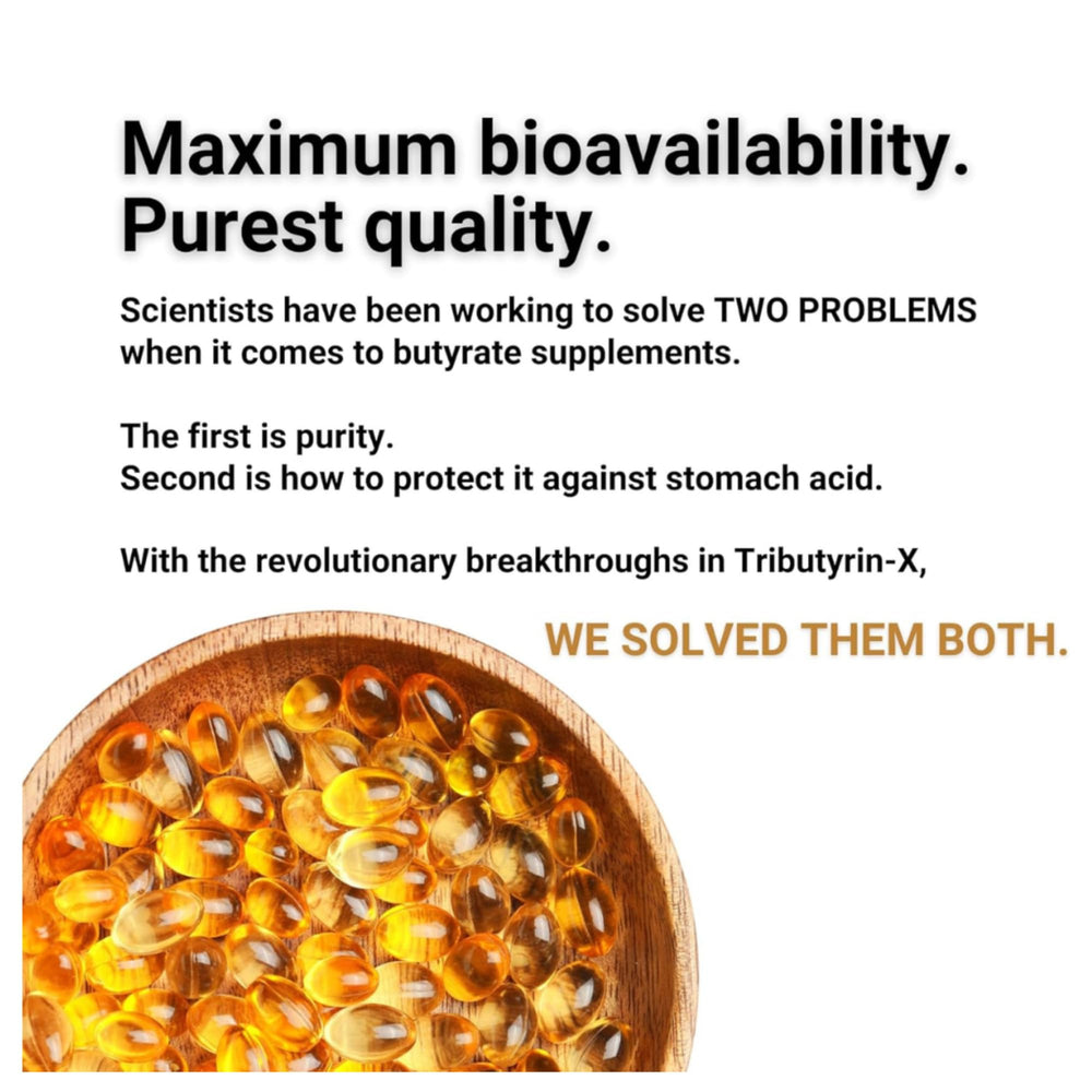 Healthy Gut Tributyrin-X nutrition label closeup communicates purity.