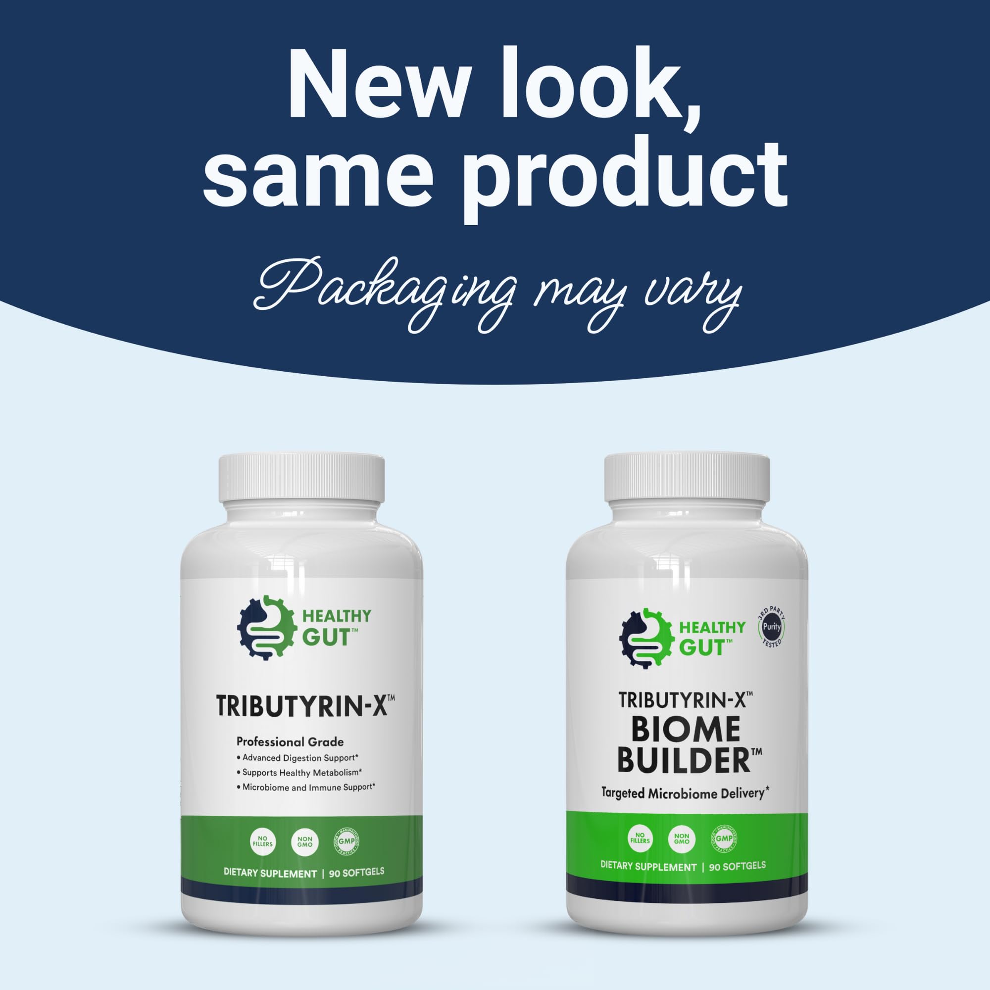 Healthy Gut Tributyrin-X odorless capsules on packaging highlight gut support.