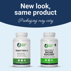 Healthy Gut Tributyrin-X odorless capsules on packaging highlight gut support.