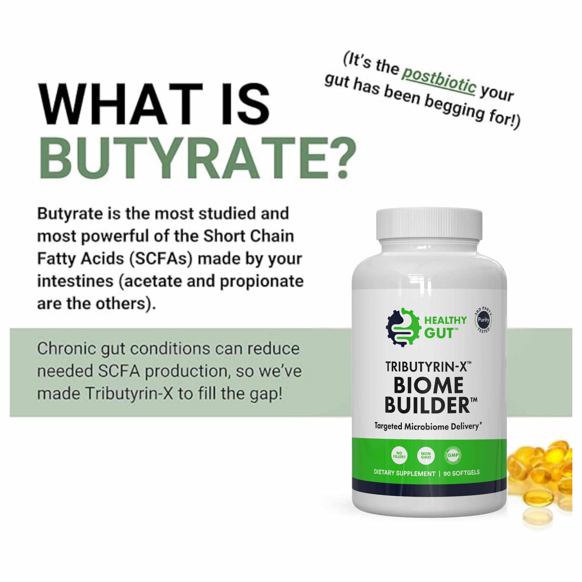 Healthy Gut Tributyrin-X front packaging showing professional-grade bottle.