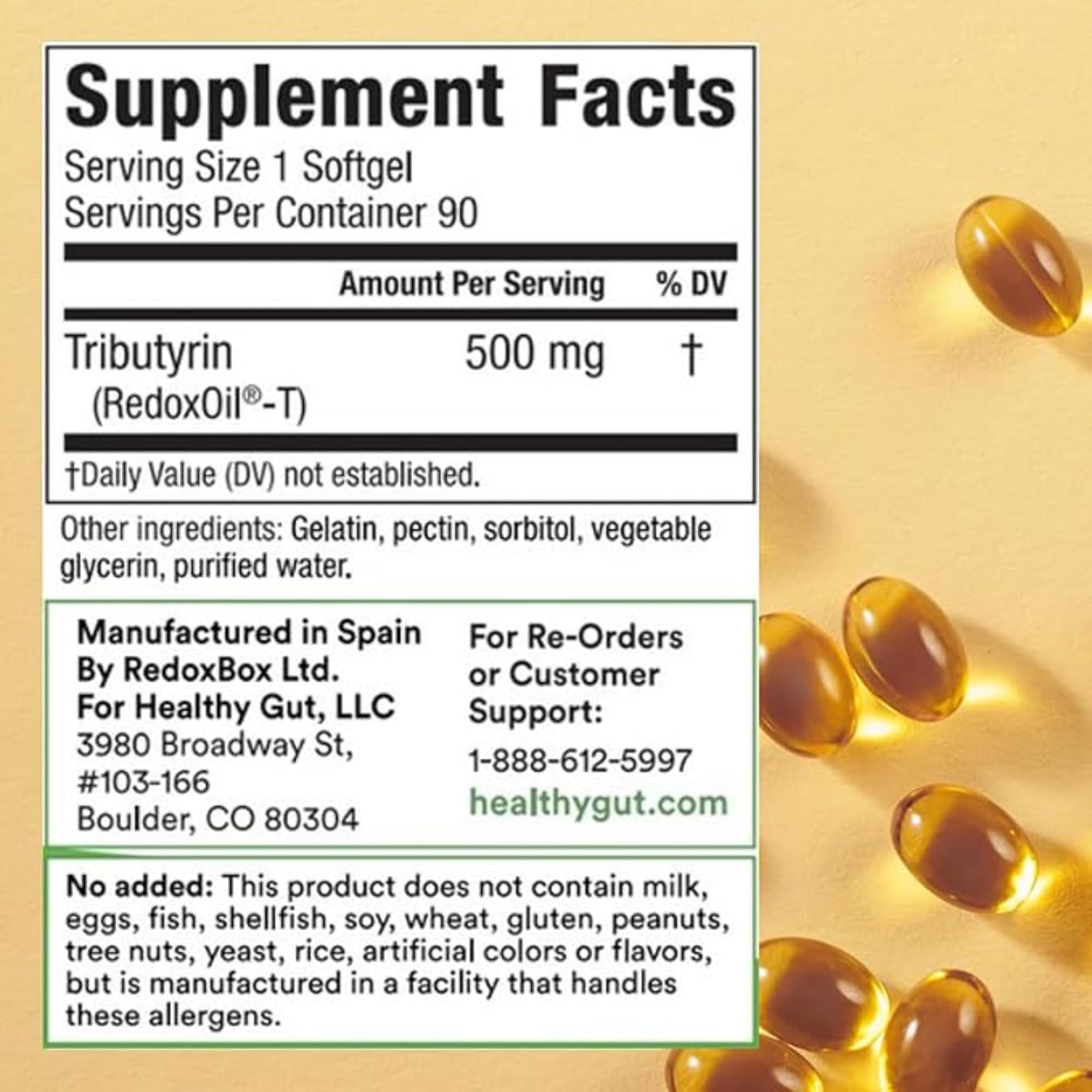 Healthy Gut Tributyrin-X softgels close-up highlighting smooth intake.