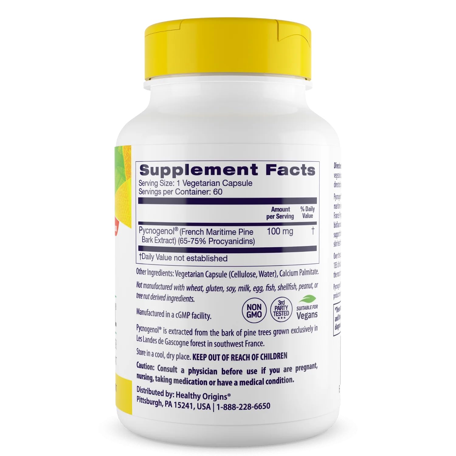 Healthy Origins Pycnogenol 100mg bottle side view non-GMO daily use