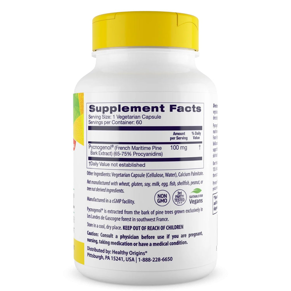 Healthy Origins Pycnogenol 100mg bottle side view non-GMO daily use