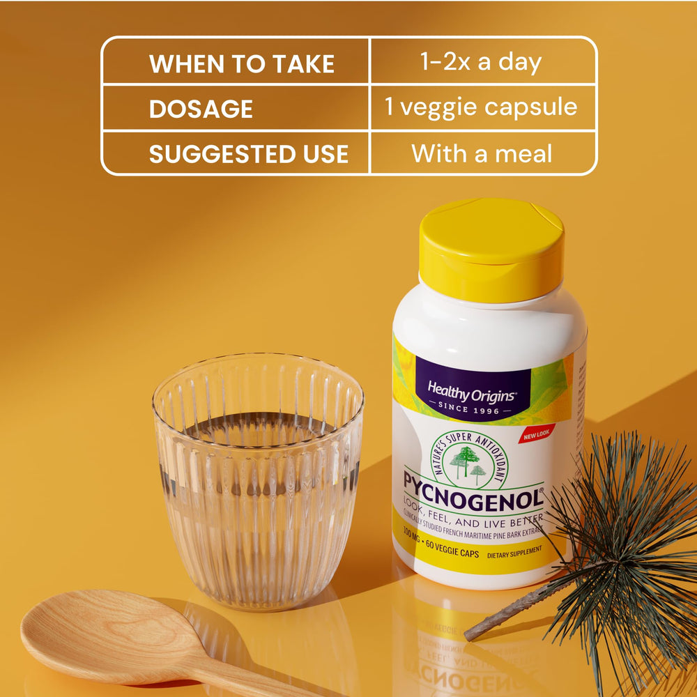 Healthy Origins Pycnogenol 100mg bottle with glass easy daily intake