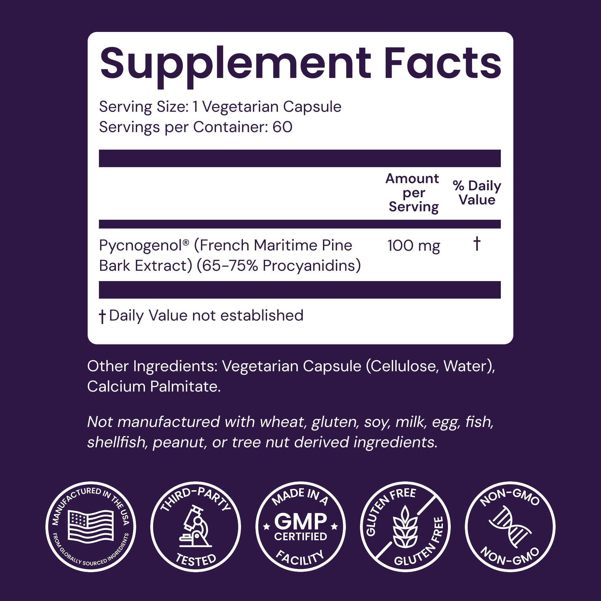Healthy Origins Pycnogenol 100mg label closeup pine bark extract natural support