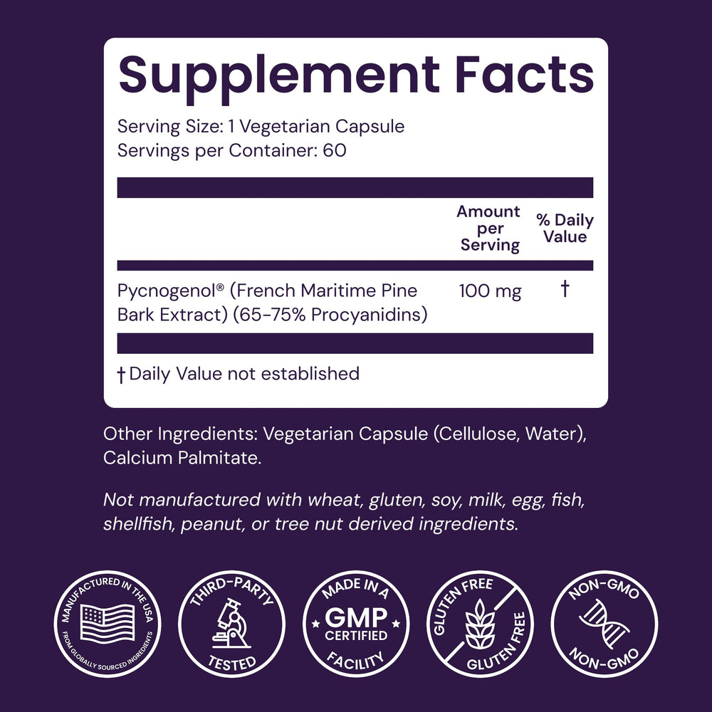 Healthy Origins Pycnogenol 100mg label closeup pine bark extract natural support