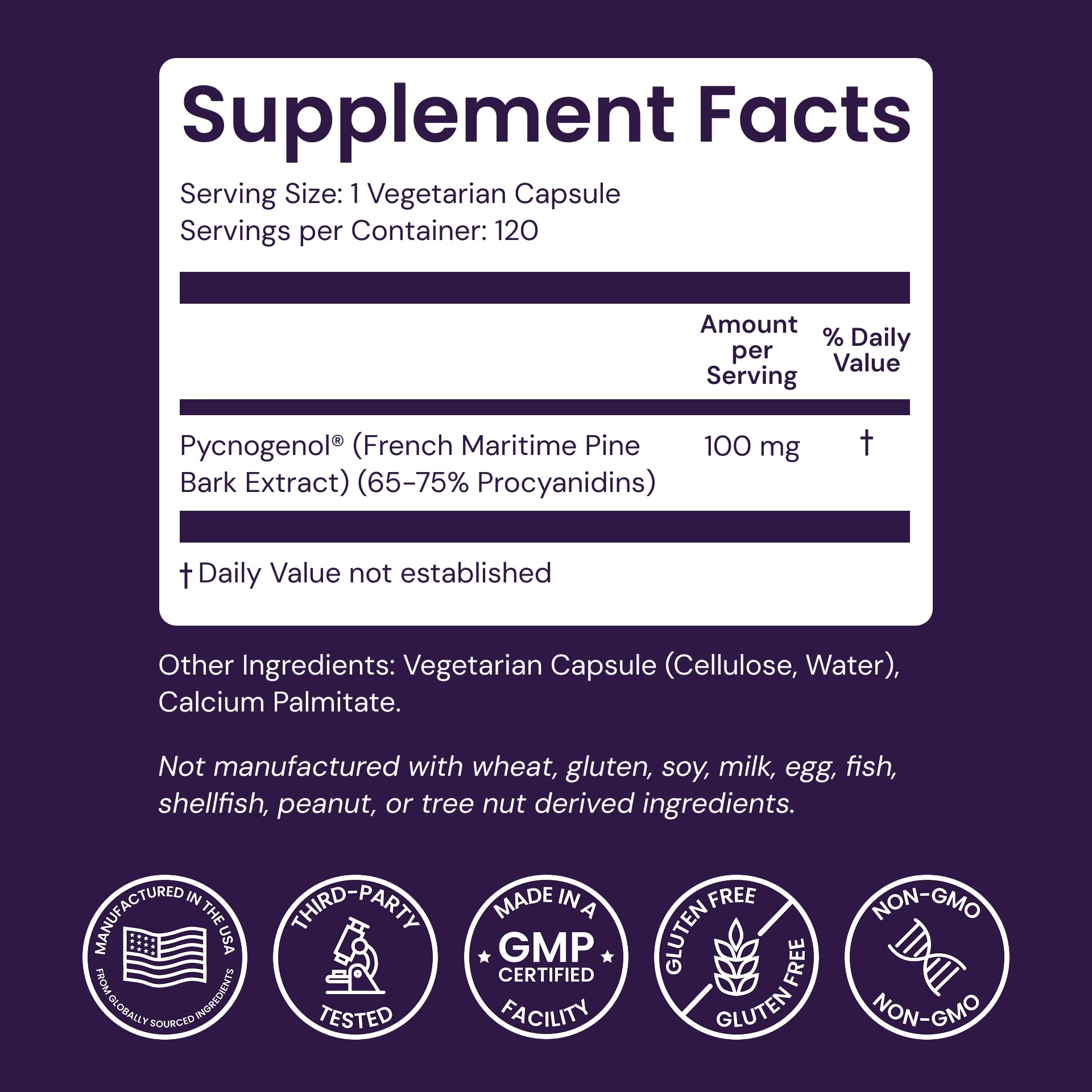 Healthy Origins Pycnogenol USA manufacturing label showing forest-sourced material
