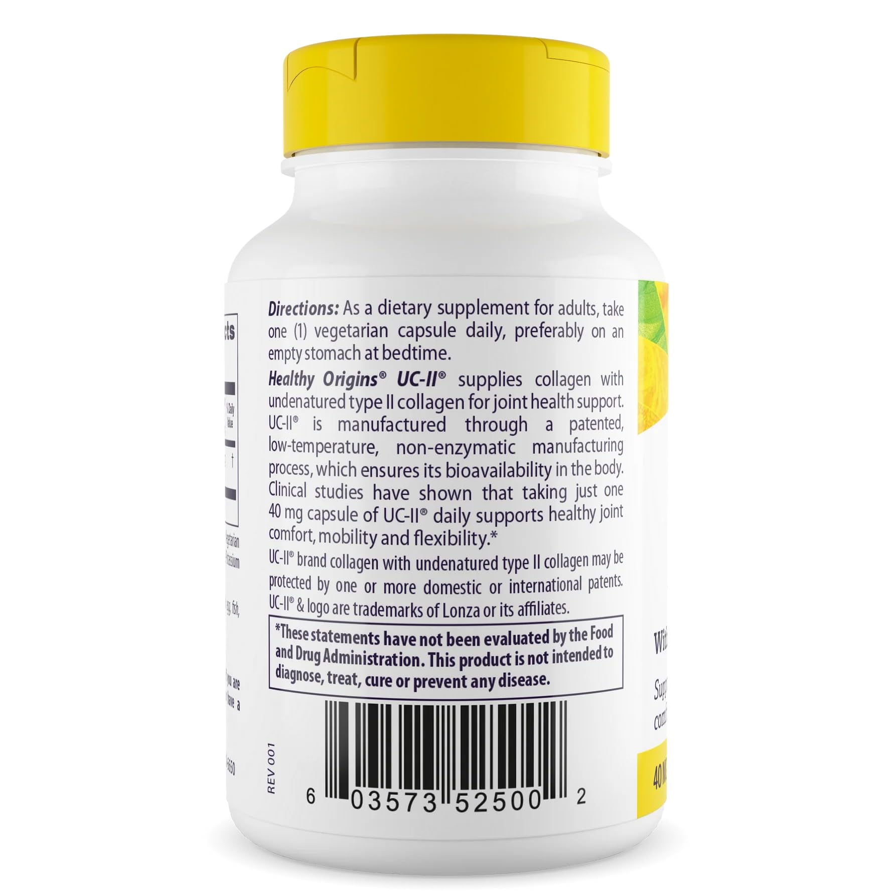 Healthy Origins UC-II bottle-label-closeup highlights undenatured collagen for potential joint comfort.