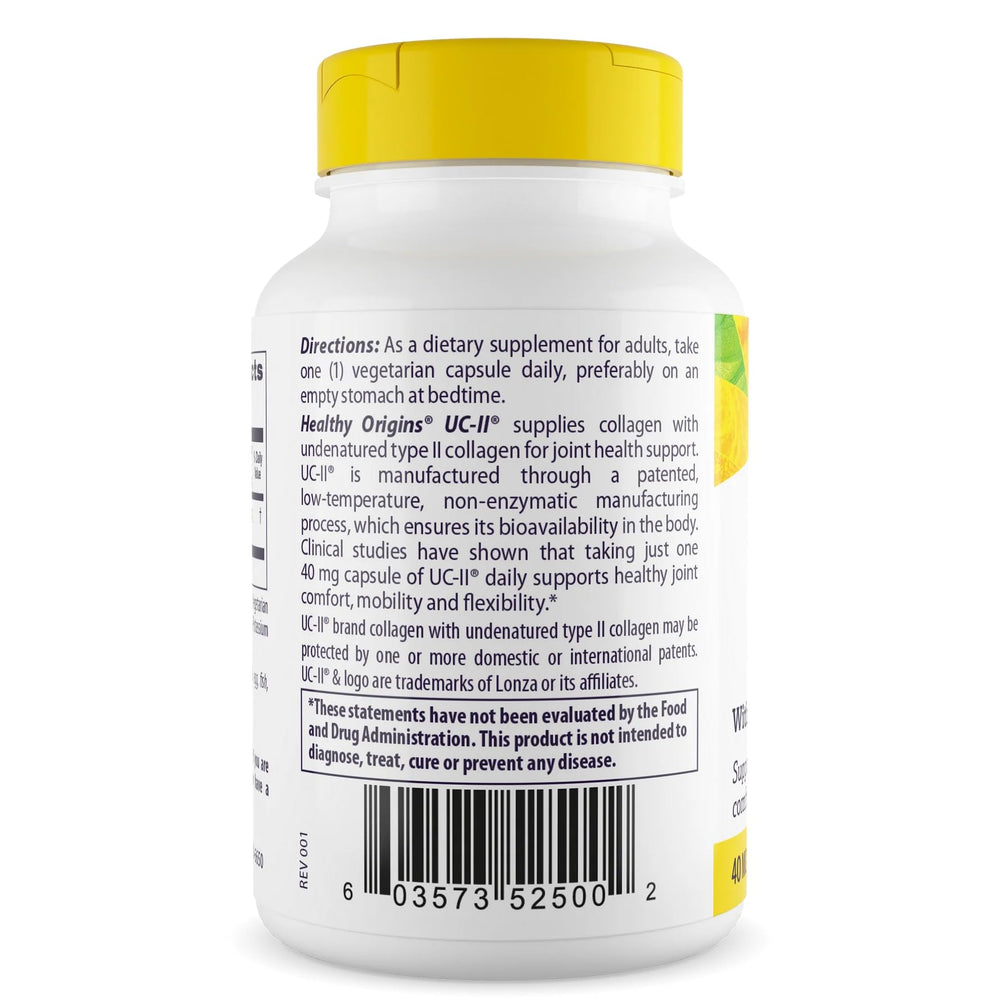 Healthy Origins UC-II bottle-label-closeup highlights undenatured collagen for potential joint comfort.
