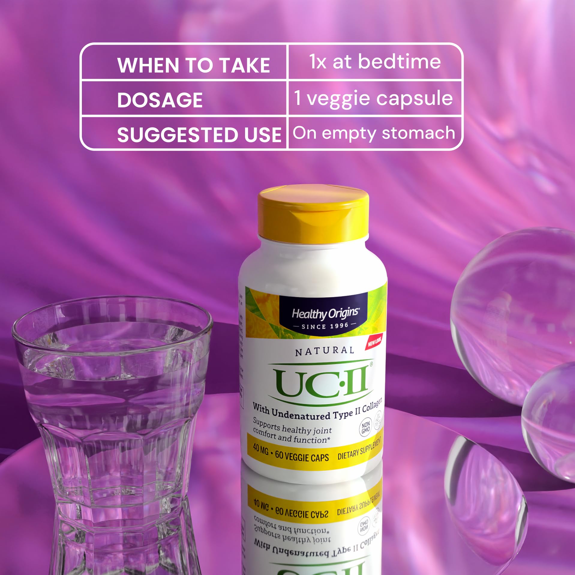 Healthy Origins UC-II gluten-free badge on bottle indicates allergen-conscious formulation.