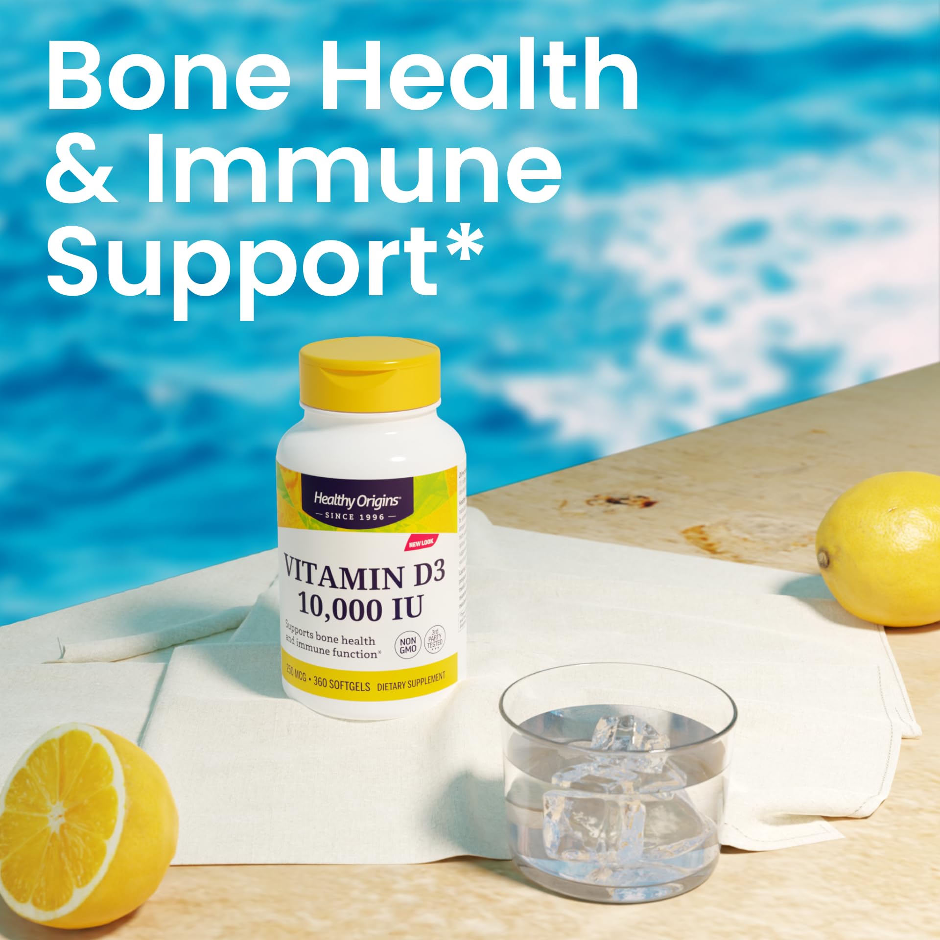 Healthy Origins D3 bottle emphasizing teeth and bone maintenance