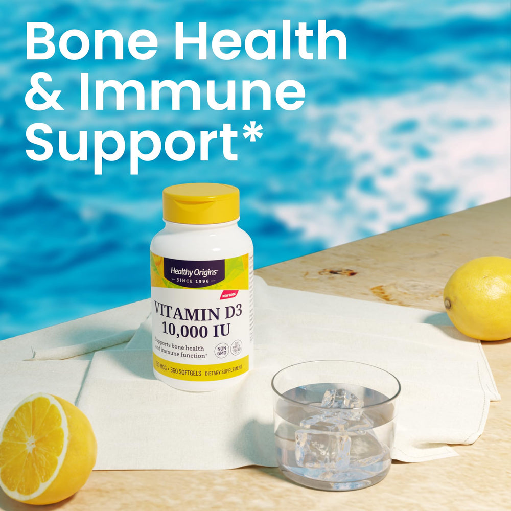 Healthy Origins D3 bottle emphasizing teeth and bone maintenance