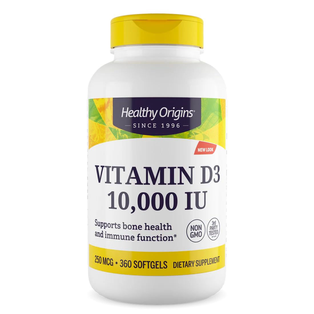Healthy Origins Vitamin D3 bottle with softgels signaling bone support