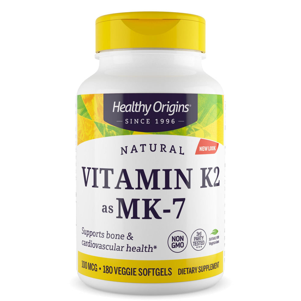 Healthy Origins Vitamin K2 bottle front showing MK-7 for bone and heart support