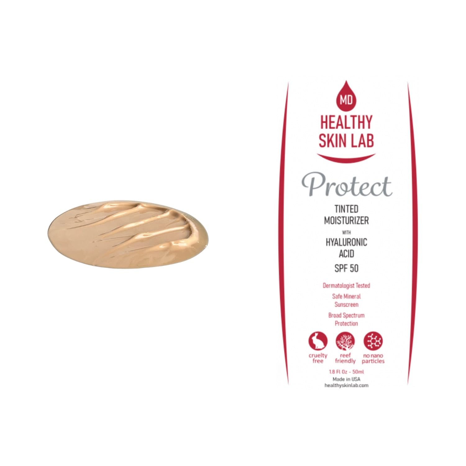 Healthy Skin Lab Protect dermatologist-tested badge on packaging conveys safety.