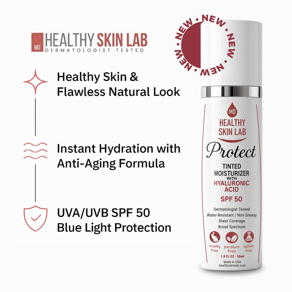 Healthy Skin Lab Protect SPF 50 tinted swatch on skin highlights natural-looking coverage.