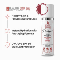 Healthy Skin Lab Protect SPF 50 tinted swatch on skin highlights natural-looking coverage.
