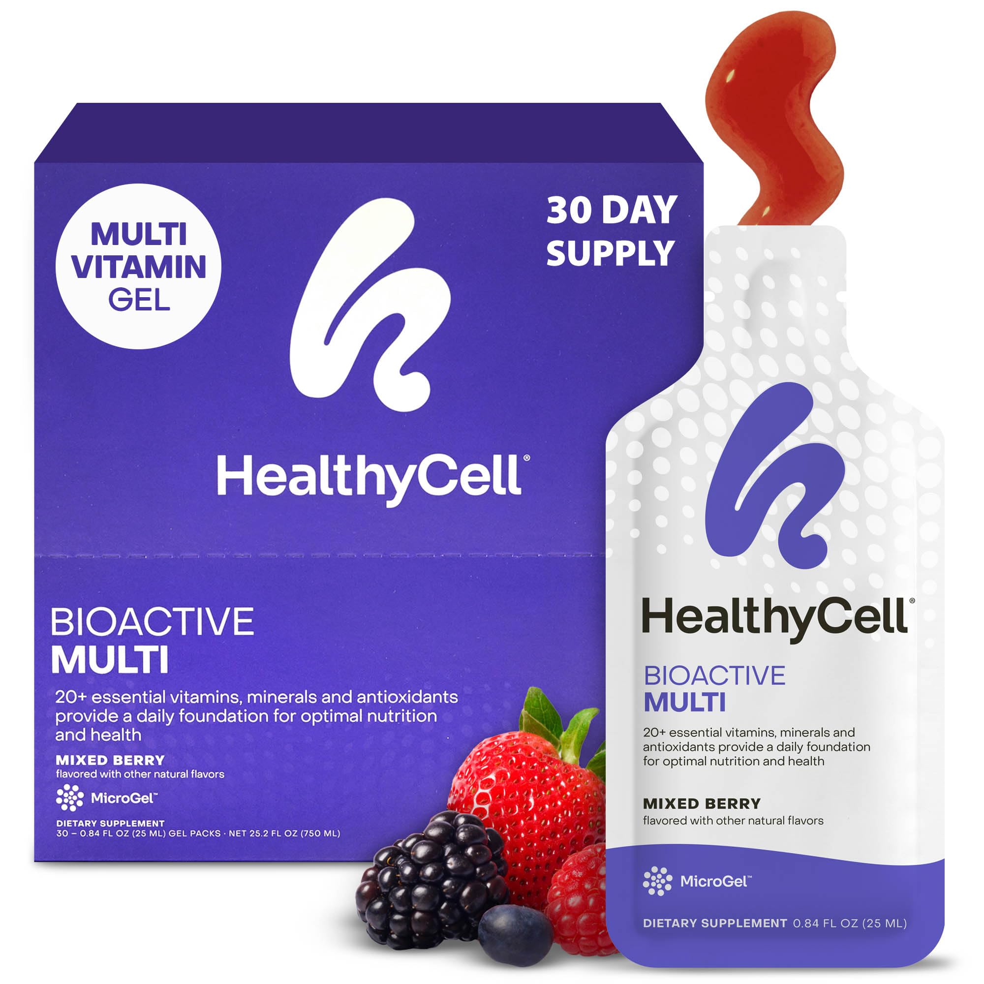 HealthyCell BioActive Daily Liquid Multivitamin berry gel pack for convenient daily nutrition and energy.