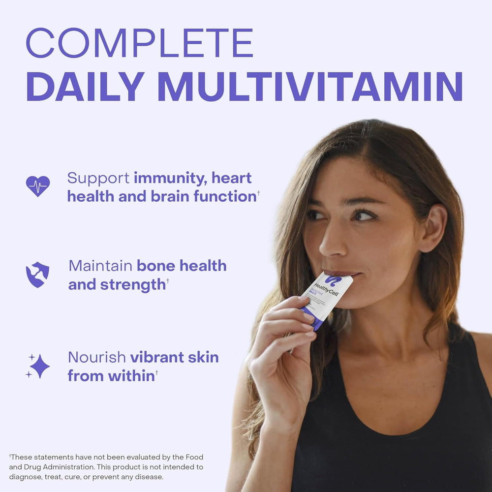 HealthyCell BioActive Daily Liquid Multivitamin pack open for quick, on-the-go boost.