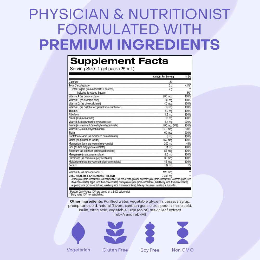 HealthyCell BioActive Daily Liquid Multivitamin smoothie-ready mix for effortless integration.