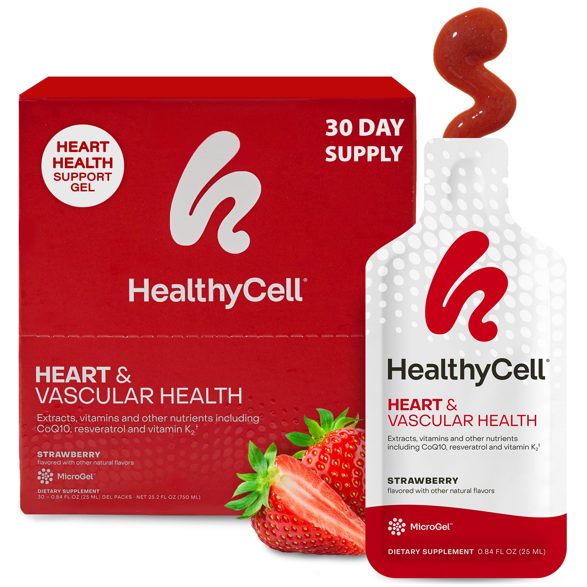 HealthyCell Heart and Vascular bottle pour demonstrates convenient daily dose for cardiovascular support.