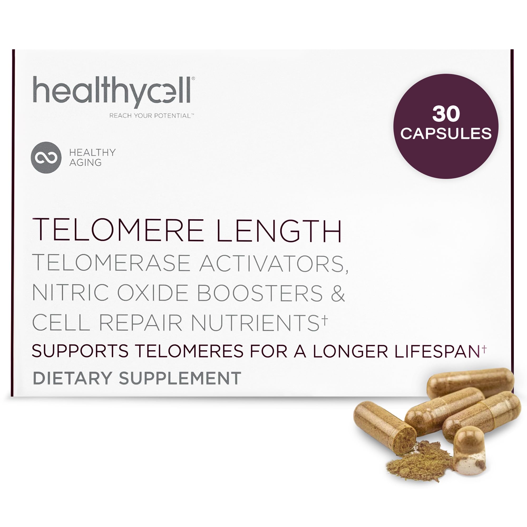 Healthycell Telomere Length Supplement bottle on a clean desk signaling daily cellular support