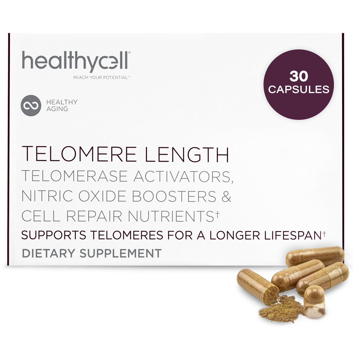 Healthycell Telomere Length Supplement bottle on a clean desk signaling daily cellular support
