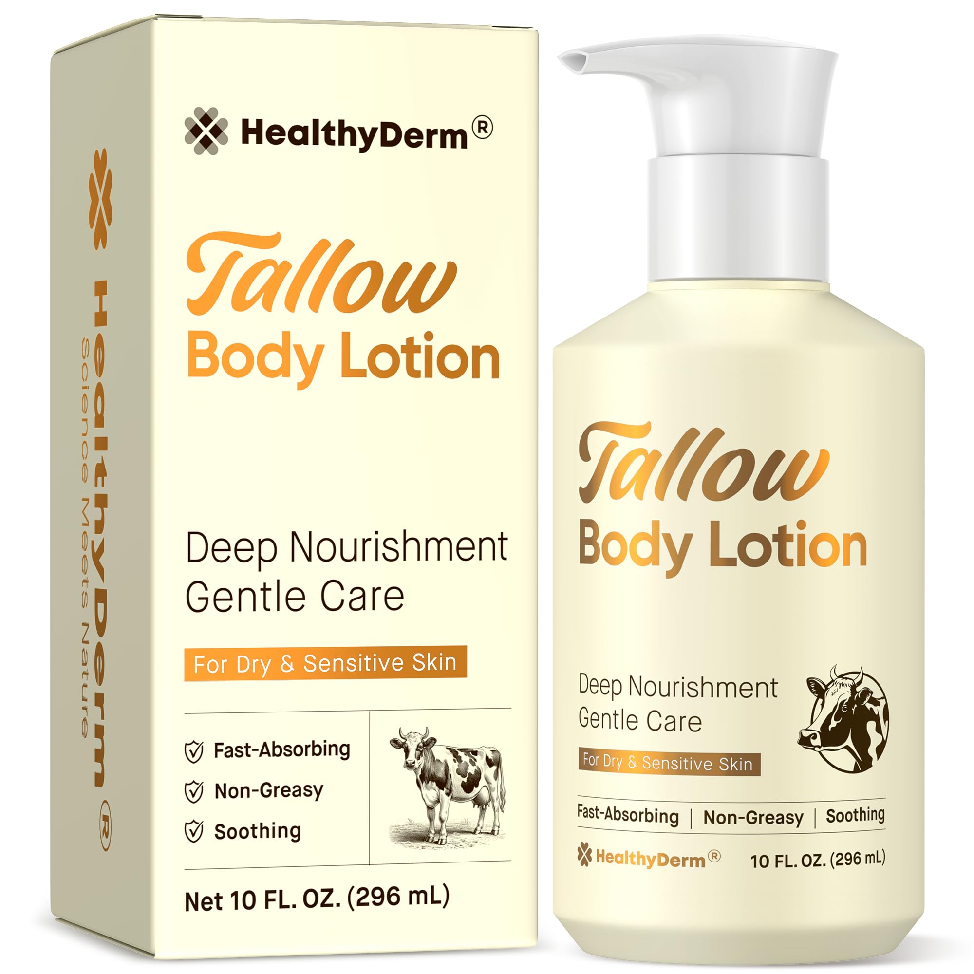HealthyDerm Beef Tallow Lotion bottle front showing fragrance-free design for daily use.