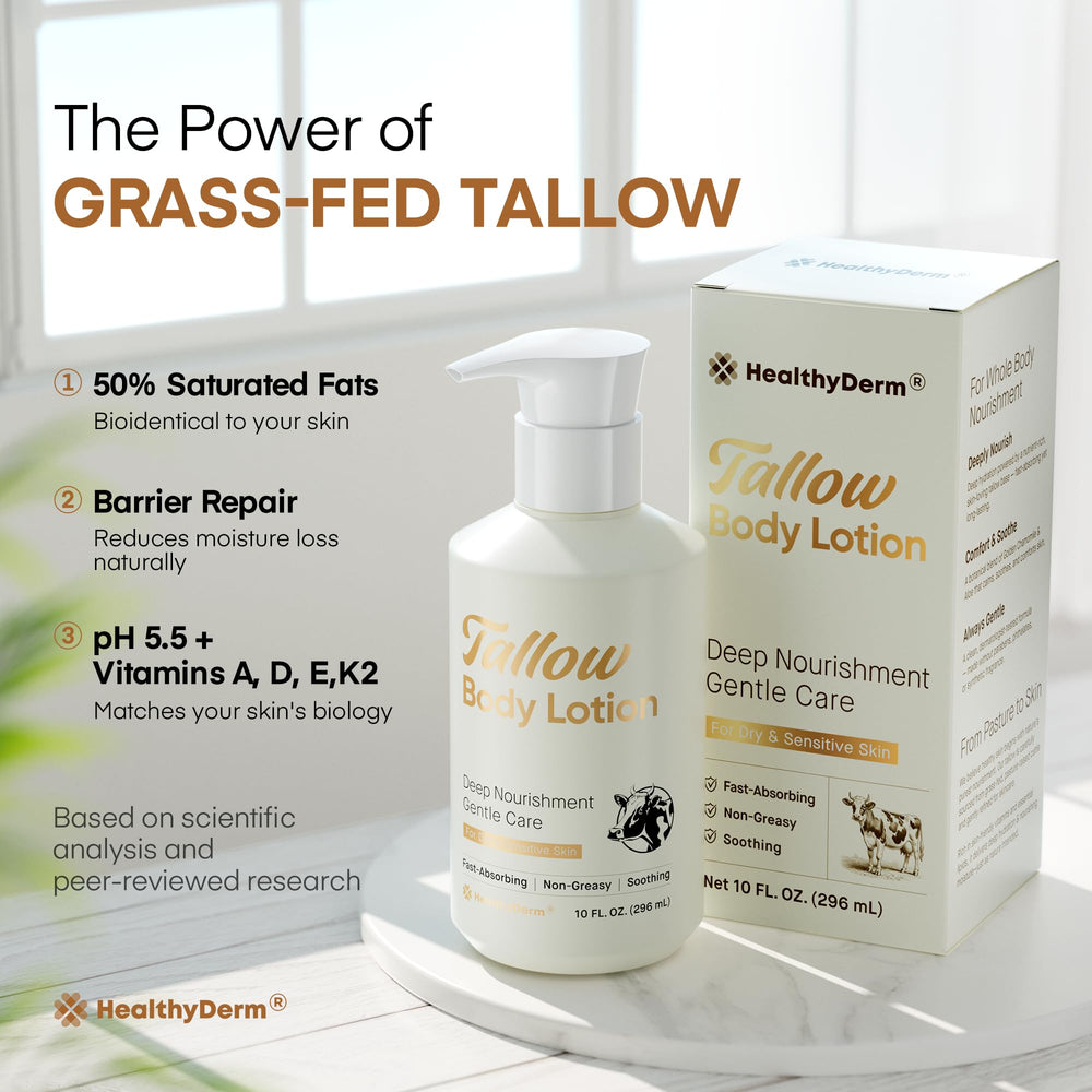 HealthyDerm Beef Tallow Lotion being applied to the face for dry skin care.