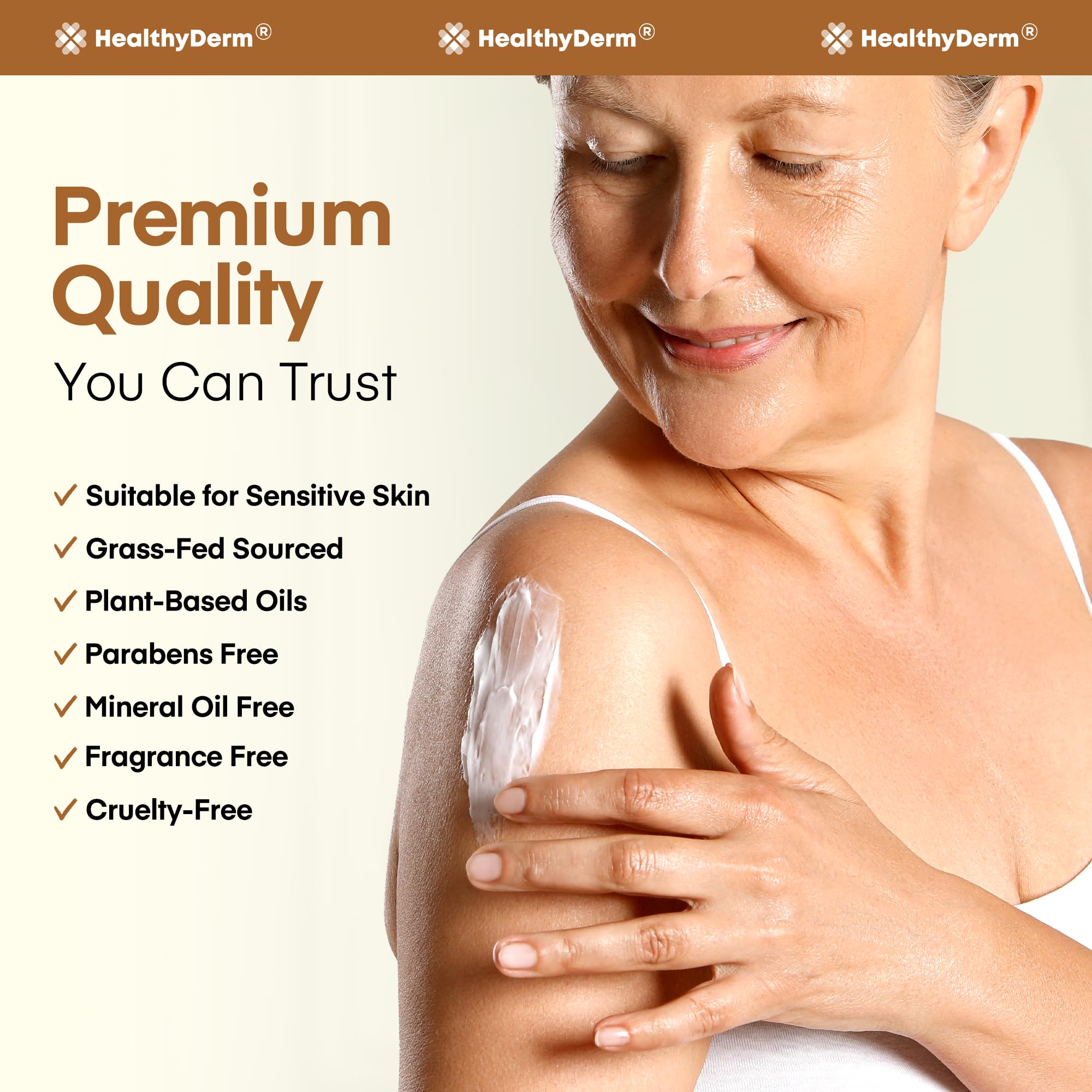 HealthyDerm Beef Tallow Lotion fragrance-free label confirms fragrance-free, dermatologist-tested formula.