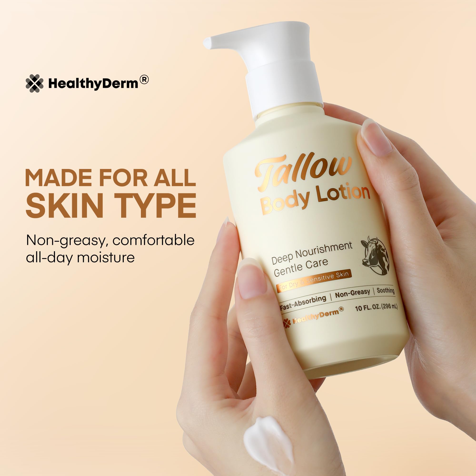 HealthyDerm Beef Tallow Lotion showcases golden chamomile, aloe, and portulaca for calming skin.