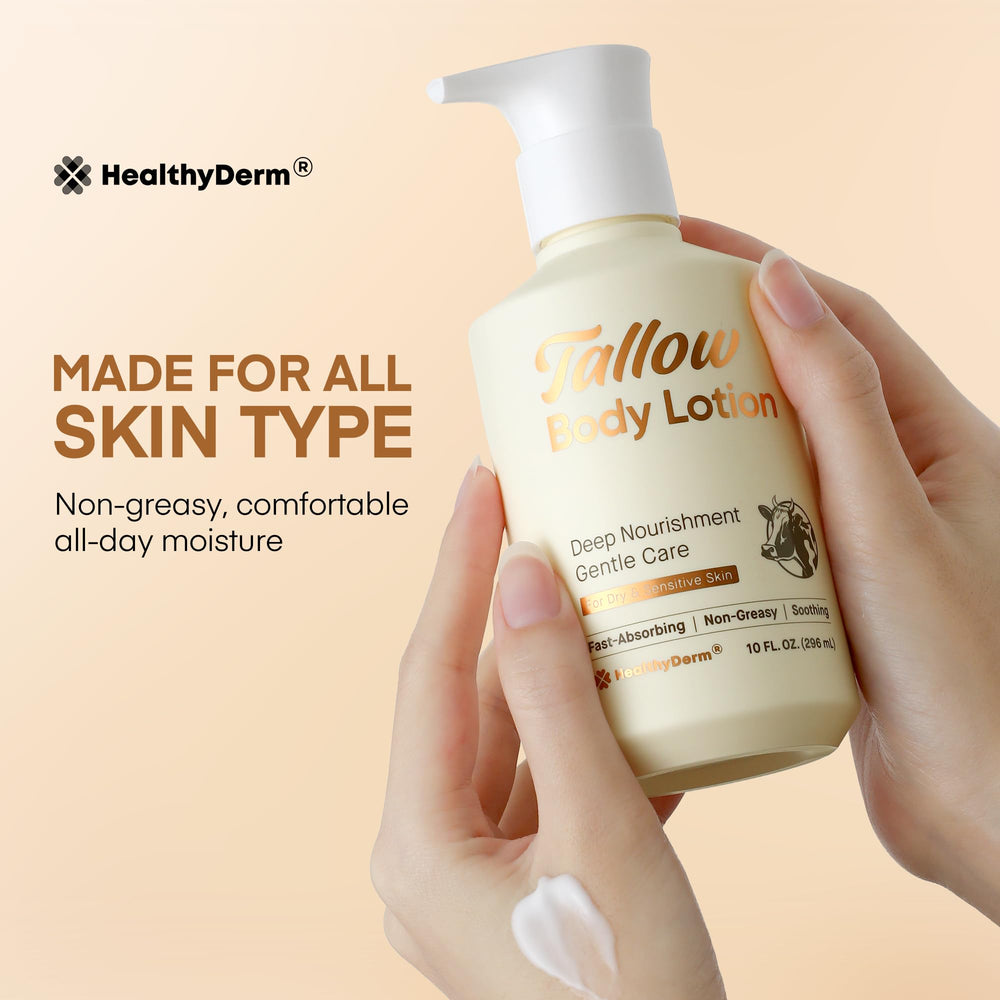HealthyDerm Beef Tallow Lotion showcases golden chamomile, aloe, and portulaca for calming skin.