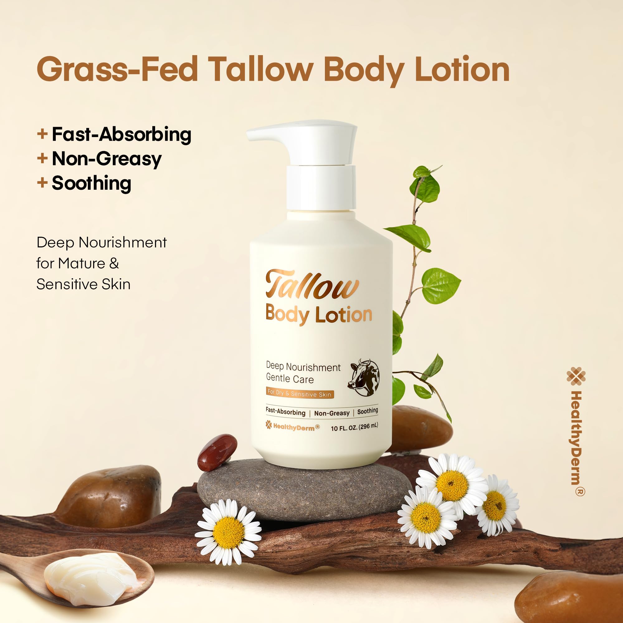 HealthyDerm Beef Tallow Lotion highlights shea butter for rich moisture and softness.
