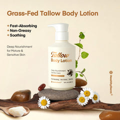 HealthyDerm Beef Tallow Lotion highlights shea butter for rich moisture and softness.