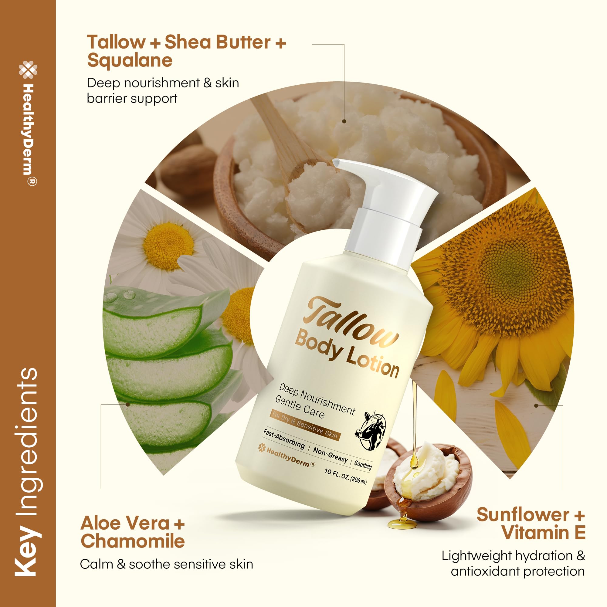 HealthyDerm Beef Tallow Lotion with squalane delivers lightweight, breathable hydration.