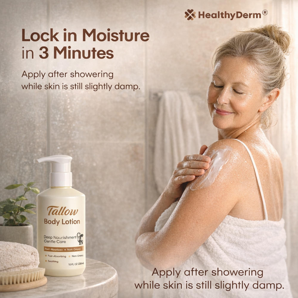 HealthyDerm Beef Tallow Lotion texture spread shows fast absorption and non-greasy feel.