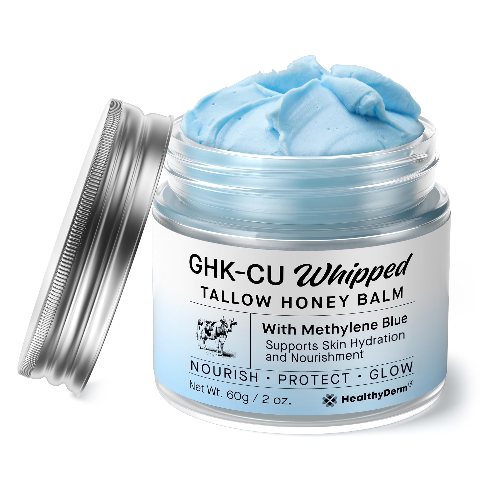 HealthyDerm copper peptides blue balm bottle for daily skin nourishment.