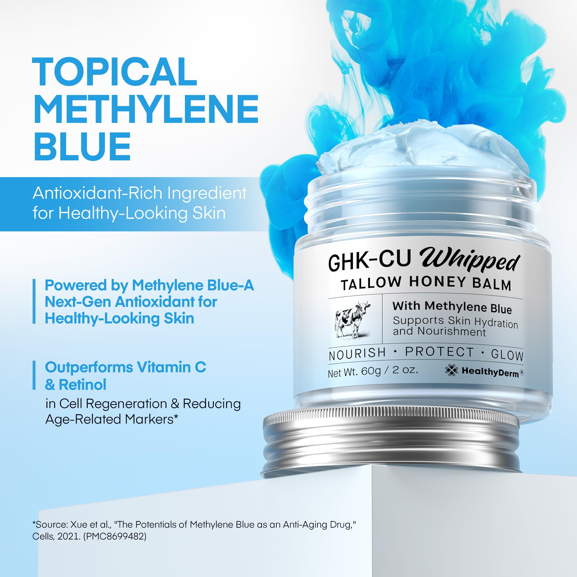 HealthyDerm methylene blue detail emphasizes antioxidant-inspired glow.