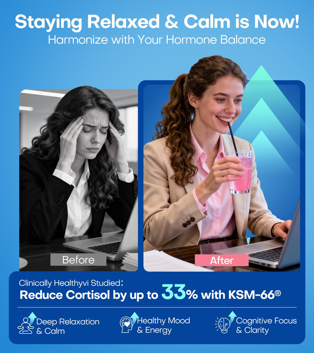 HealthyVi Calm powder packets dissolving in water for on-the-go calm.