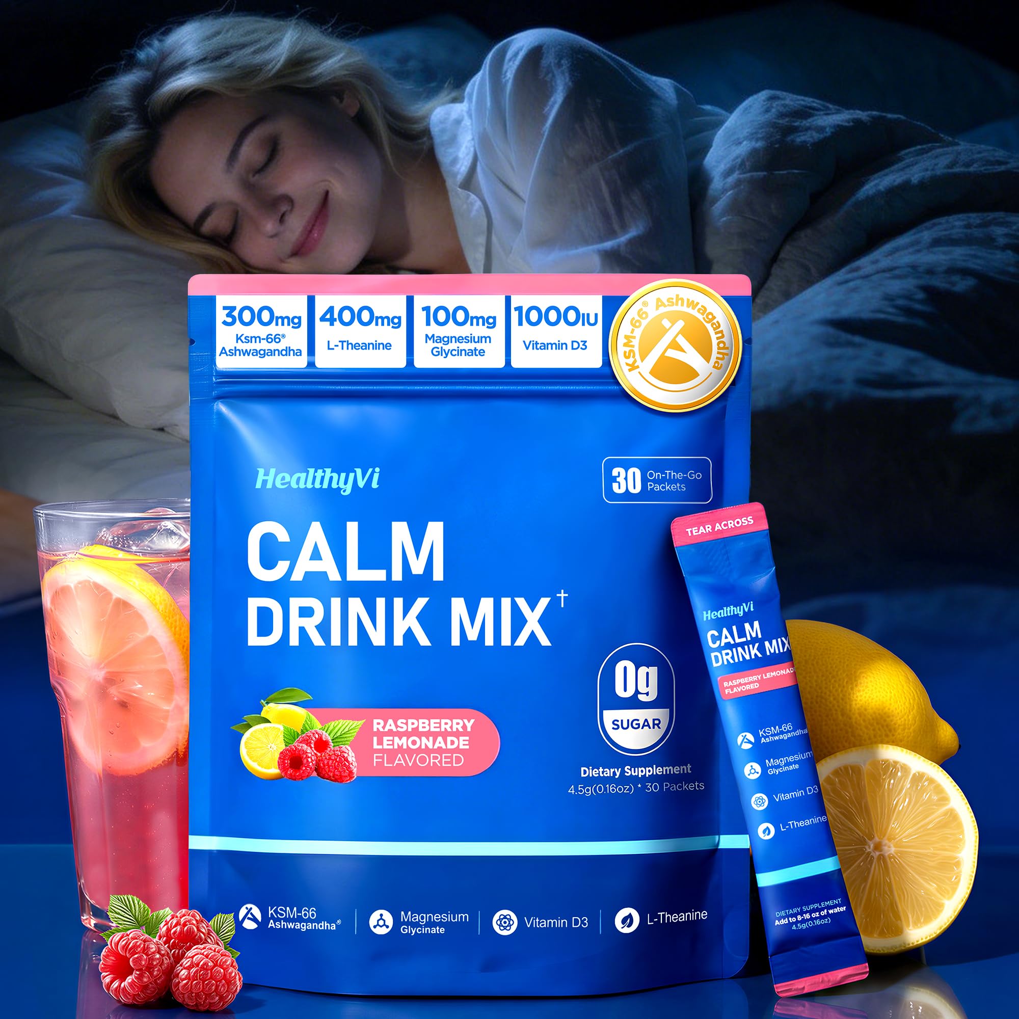 HealthyVi Calm Magnesium Glycinate powder in raspberry lemonade tub for daily relaxation.