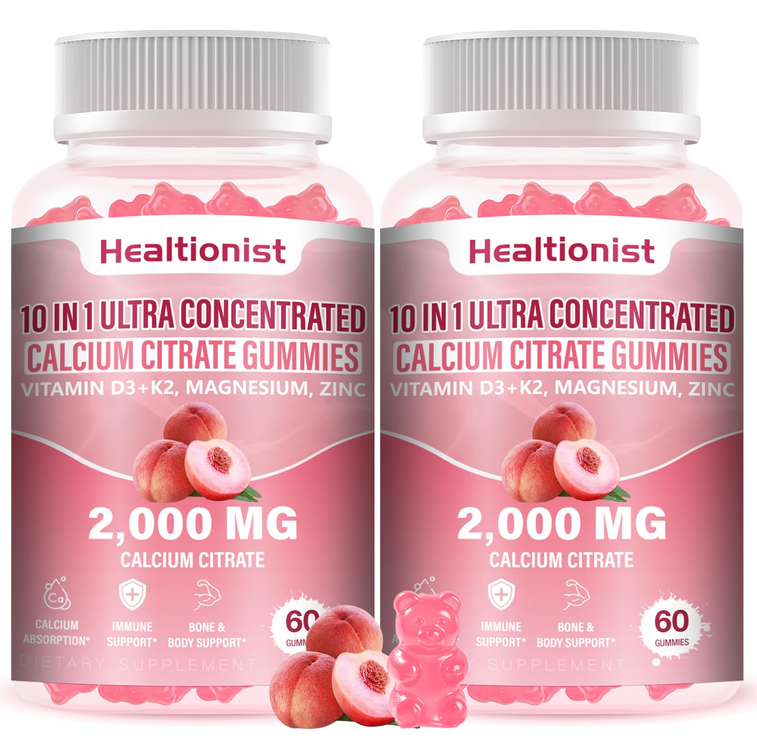 Healtionist 2000mg calcium citrate gummies bottle showing bone support.