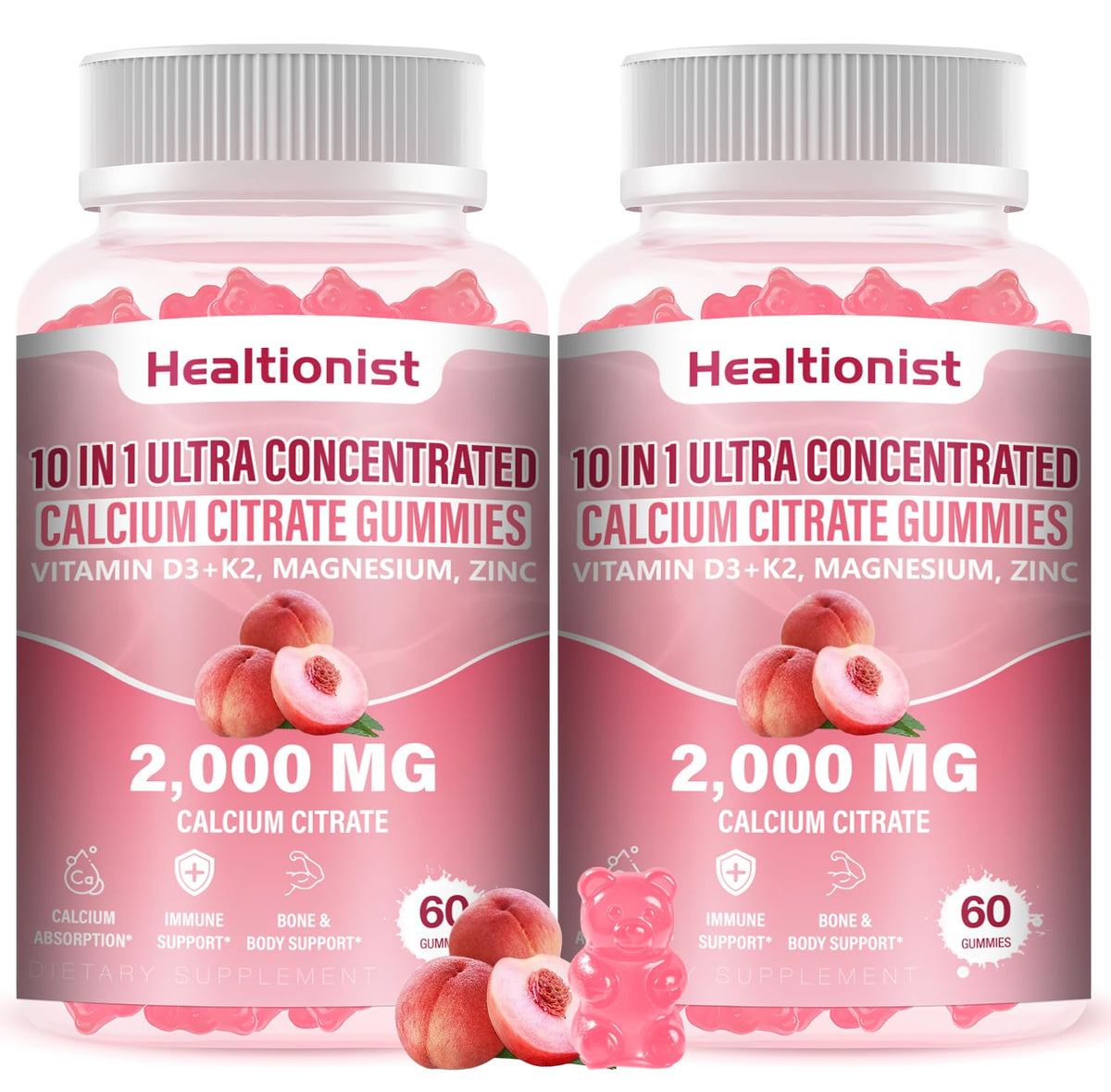 Healtionist 2000mg calcium citrate gummies bottle showing bone support.