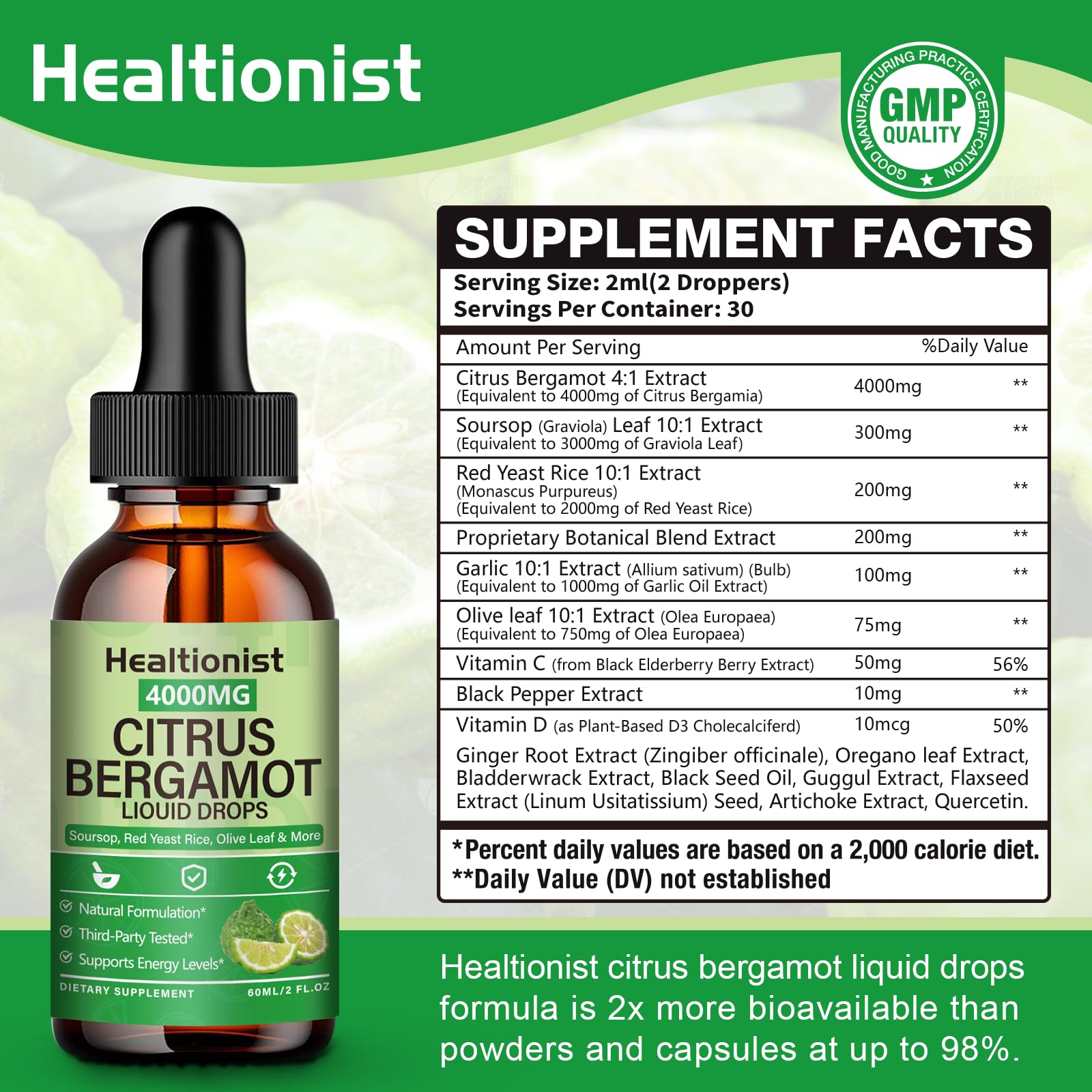 Healtionist liquid drops pour demonstrates easy-dose daily use for cholesterol balance.