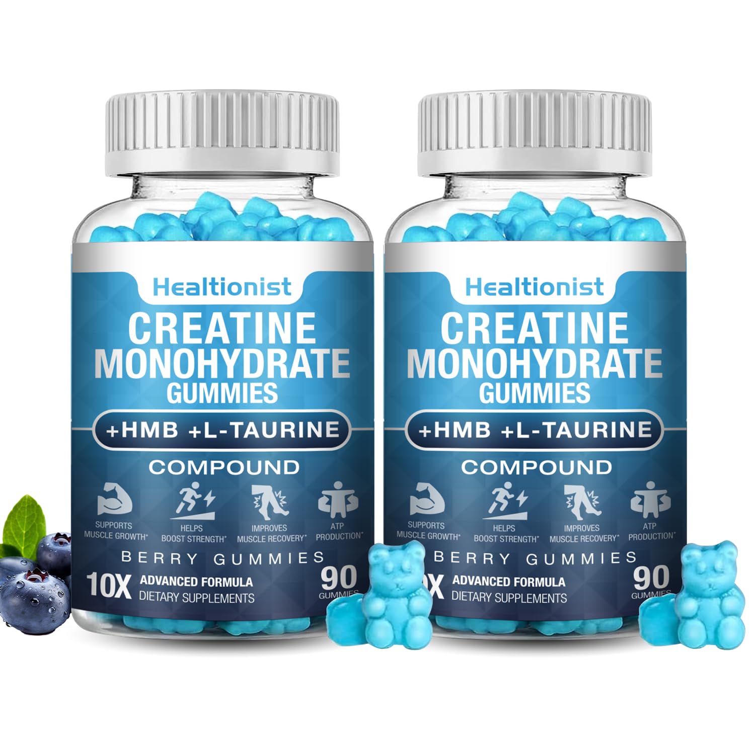 Healtionist creatine HMB gummies bottle front shows convenient daily energy support for workouts
