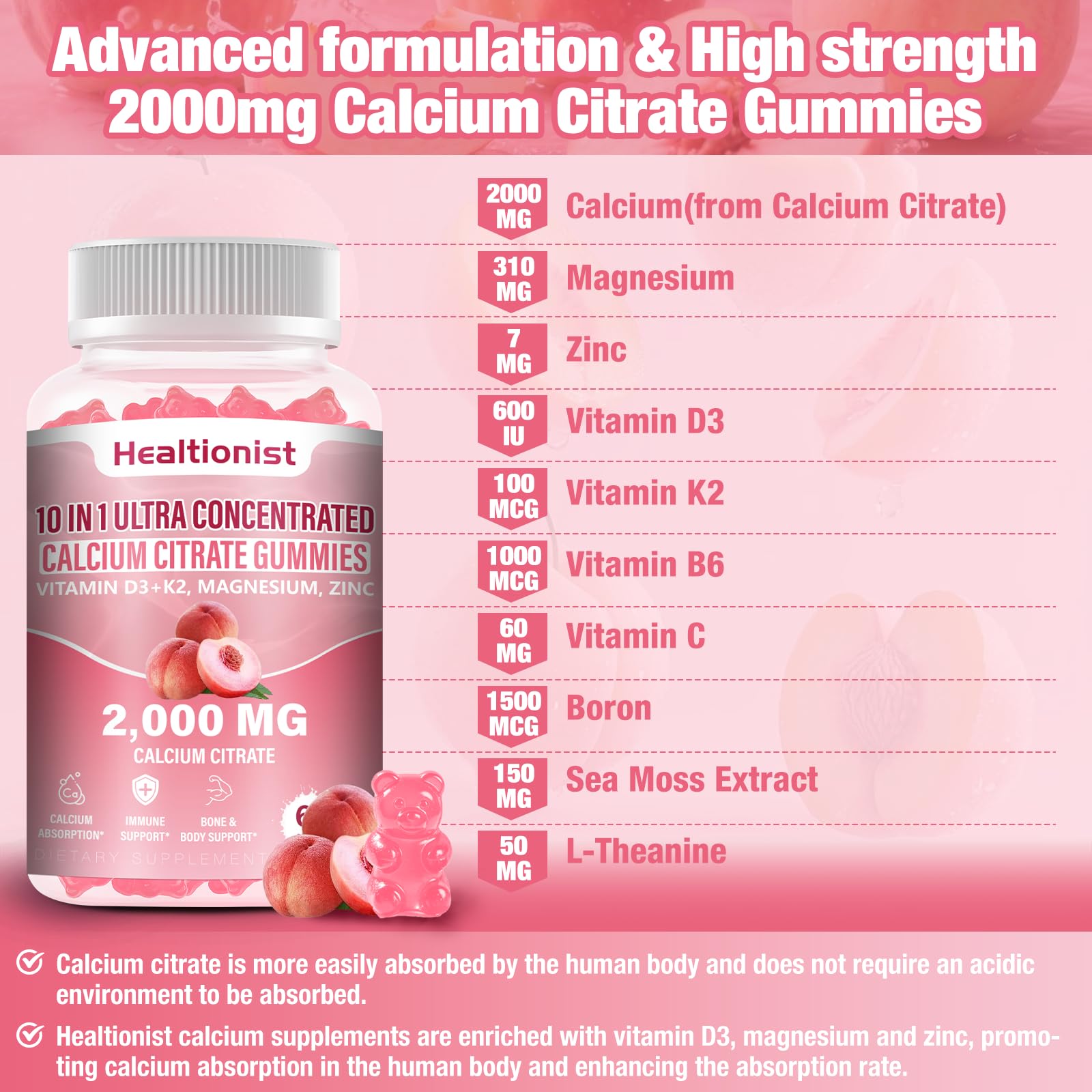 Healtionist gummies highlighting D3 and K2 for improved calcium absorption.